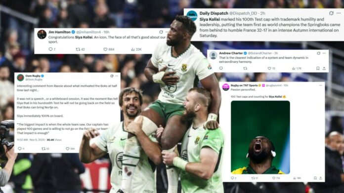 Siya Kolisi sur les épaules d'Eben Etzebeth et RG Snyman ©️ Johnny Fidelin Siya Kolisi sur les épaules d'Eben Etzebeth et RG Snyman ©️ Johnny Fidelin